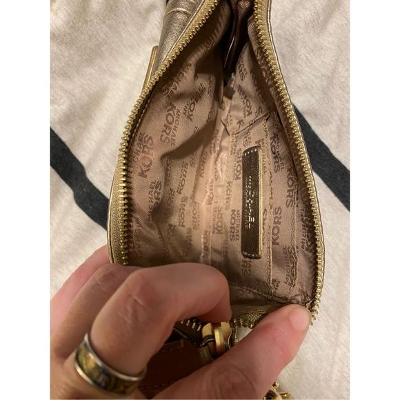 Michael Kors Gold Metallic Double Pocket Mini Purse Handbag Wristlet Wallet - Picture 4 of 8